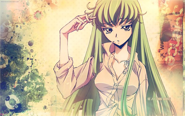 Anime picture 1680x1050 with code geass sunrise (studio) c.c. single long hair fringe breasts wide image yellow eyes payot cleavage upper body parted lips head tilt green hair messy hair girl shirt