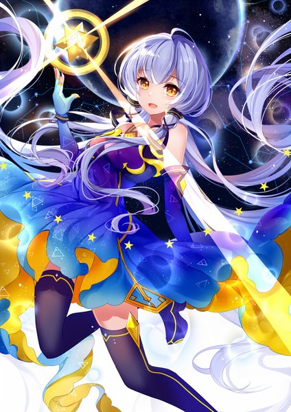 Anime picture 650x919 with vocaloid xingchen bison cangshu single tall image looking at viewer blush fringe breasts open mouth smile bare shoulders yellow eyes purple hair ahoge bent knee (knees) very long hair :d night zettai ryouiki