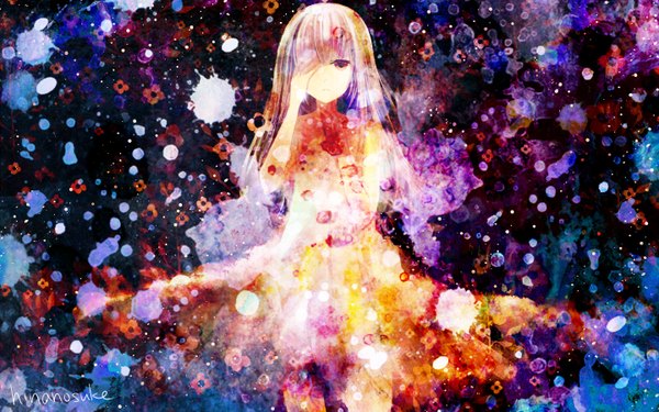 Anime picture 1440x900 with vocaloid hatsune miku hinanosuke single long hair fringe wide image signed hair over one eye multicolored eyes multicolored girl dress