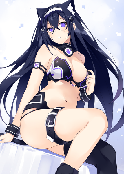 Anime picture 1000x1403 with original kurebayashi noe single long hair tall image looking at viewer blush fringe breasts light erotic black hair simple background sitting purple eyes animal ears cleavage parted lips cat ears from below paw print