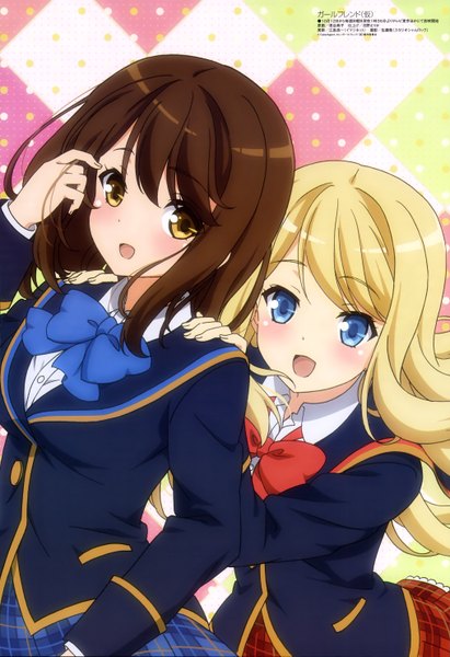 Anime picture 4063x5925 with girl friends megami magazine kumakura mariko oohashi akiko long hair tall image looking at viewer blush highres short hair open mouth blue eyes blonde hair brown hair multiple girls yellow eyes absurdres official art girl uniform