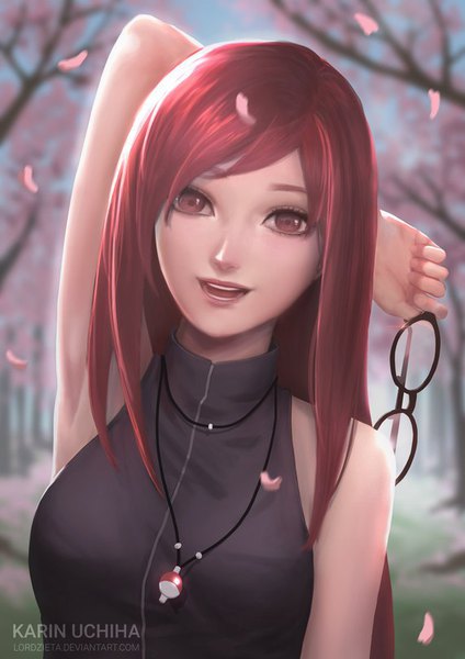 Anime picture 571x807 with naruto studio pierrot naruto (series) karin (naruto) lordzieta (ibnu fm) single long hair tall image looking at viewer blush fringe open mouth smile bare shoulders holding brown eyes upper body red hair armpit (armpits) character names