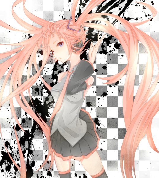 Anime picture 1485x1663 with vocaloid hatsune miku sakura miku yuna (rutera) single tall image blue eyes twintails bare shoulders pink hair very long hair checkered background girl skirt detached sleeves necktie headphones