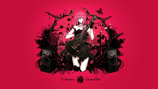 Anime picture 2133x1200 with vocaloid megurine luka ako (ravennightley) single long hair looking at viewer highres wide image pink hair black eyes torn clothes red background girl dress gloves insect butterfly guitar speakers