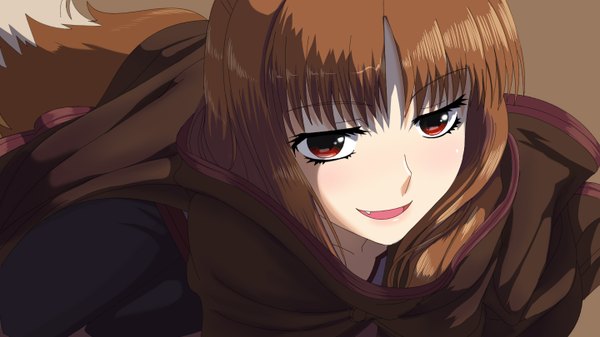 Anime picture 1440x810 with spice and wolf horo ishikkoro single long hair fringe simple background smile red eyes brown hair wide image tail animal tail teeth fang (fangs) wolf tail wolf girl girl cape