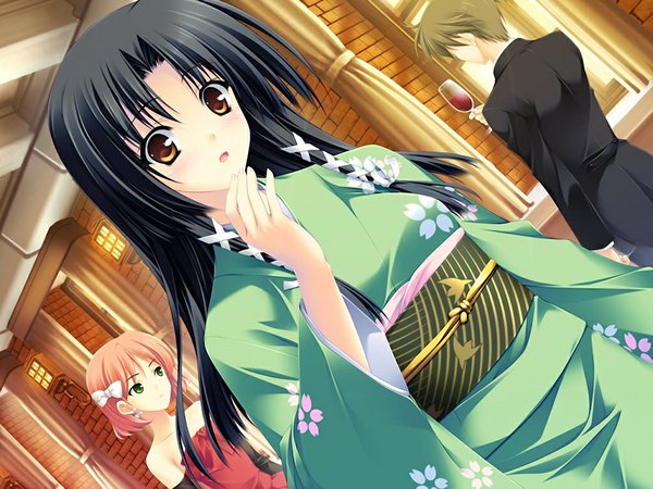 Anime picture 1024x768 with sakura bitmap (game) long hair black hair yellow eyes game cg girl yukata