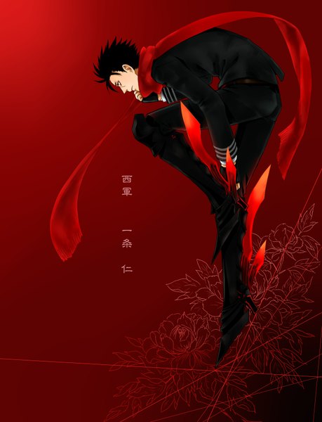 Anime picture 1300x1700 with original tamahagane gakuen touransai torimotti single tall image short hair black hair red eyes profile high heels leaning leaning forward finger to mouth scar red background floral background adjusting clothes boy gloves flower (flowers)