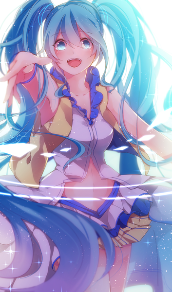 Anime picture 1178x2000 with vocaloid hatsune miku mikanururu single tall image looking at viewer blush open mouth twintails very long hair aqua eyes aqua hair sparkle outstretched arm light girl skirt miniskirt vest