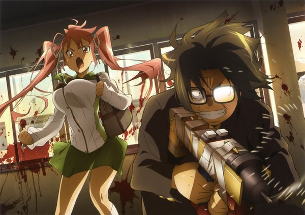 Anime picture 2806x1979 with highschool of the dead madhouse takagi saya hirano kohta long hair highres short hair open mouth light erotic black hair twintails brown eyes pink hair couple grin girl boy weapon glasses serafuku