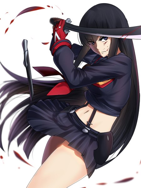 Anime picture 986x1317 with kill la kill studio trigger kiryuuin satsuki umakatsuhai single long hair tall image looking at viewer black hair simple background white background bare belly grey eyes serious girl skirt gloves navel uniform weapon