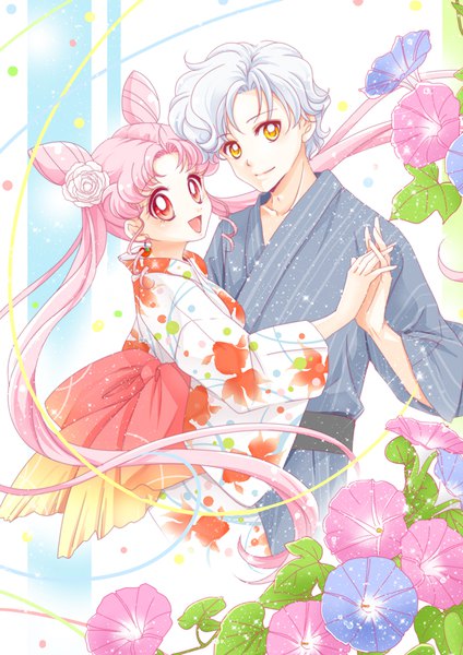 Anime picture 675x954 with bishoujo senshi sailor moon toei animation chibiusa princess usagi small lady helios sarashina kau long hair tall image looking at viewer short hair open mouth smile red eyes twintails yellow eyes pink hair white hair traditional clothes :d japanese clothes