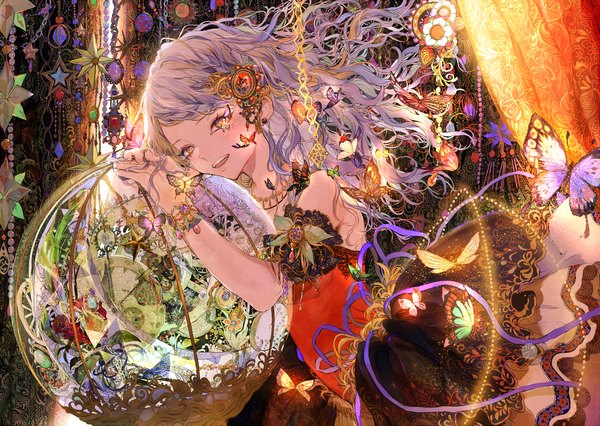 Anime picture 1125x800 with original tsukioka tsukiho single long hair looking at viewer blush open mouth multicolored hair orange eyes revision glow girl dress hair ornament flower (flowers) bracelet insect butterfly star (stars) chain