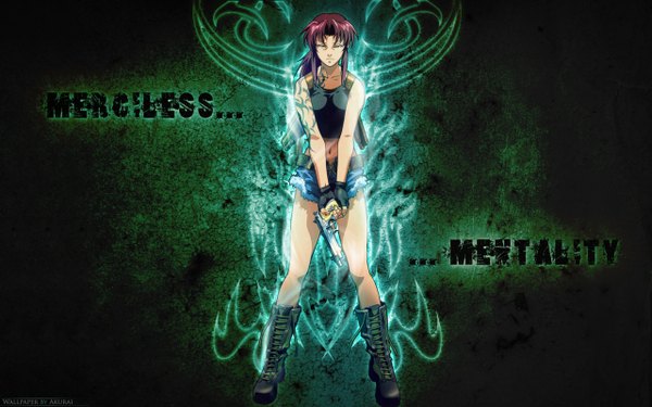 Anime picture 1280x800 with black lagoon madhouse revy (black lagoon) single long hair brown hair wide image brown eyes tattoo girl navel weapon shorts boots gun pistol