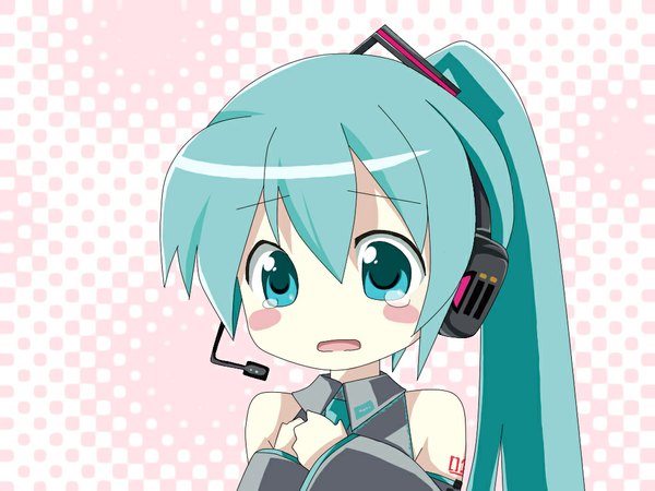 Anime picture 1024x768 with vocaloid hatsune miku tears chibi girl headphones