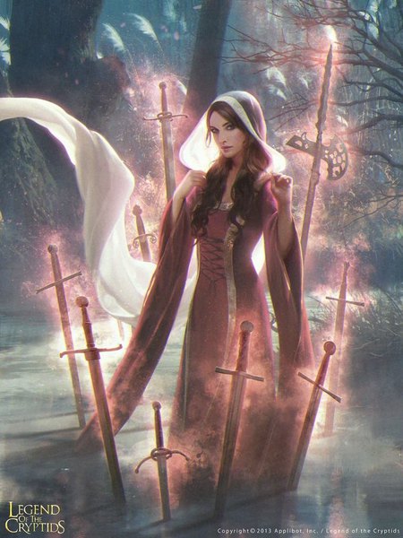 Anime picture 757x1009 with legend of the cryptids janaschi (artist) single long hair tall image looking at viewer brown hair brown eyes signed long sleeves lips realistic wide sleeves copyright name partially submerged glowing fantasy bare tree lake glowing weapon