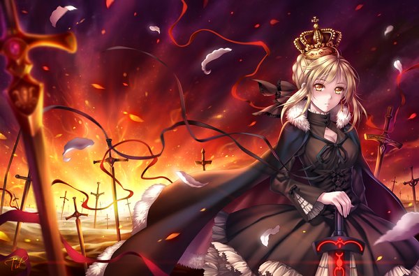 Anime picture 1164x768 with fate (series) fate/stay night studio deen type-moon artoria pendragon (all) saber saber alter tidsean single looking at viewer short hair blonde hair signed yellow eyes sky evening sunset girl dress weapon