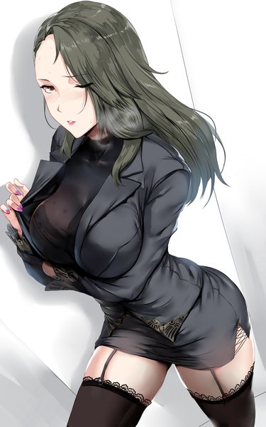 Anime picture 4800x7680 with persona 5 persona niijima sae hews single long hair tall image looking at viewer fringe highres breasts light erotic black hair large breasts brown eyes absurdres nail polish one eye closed hair over one eye lipstick