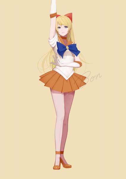 Anime picture 600x848 with love live! school idol project bishoujo senshi sailor moon sunrise (studio) toei animation love live! ayase eli bon-da single long hair tall image looking at viewer blue eyes simple background blonde hair cosplay sailor venus (cosplay) girl skirt gloves bow