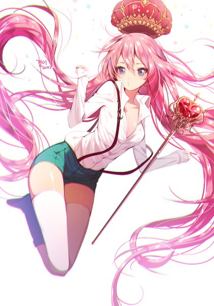 Anime picture 700x1000 with original sorolp single tall image looking at viewer blue eyes simple background white background pink hair very long hair zettai ryouiki girl thighhighs shirt white thighhighs shorts staff crown