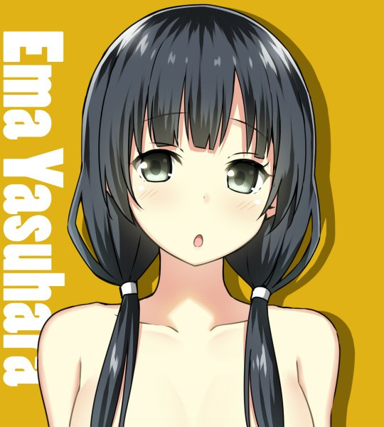 Anime picture 1080x1200 with shirobako p.a. works yasuhara ema sky-freedom single long hair tall image looking at viewer blush open mouth light erotic black hair simple background twintails bare shoulders upper body :o grey eyes character names low twintails