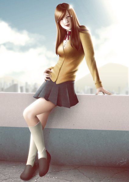 Anime picture 1000x1415 with bleach studio pierrot inoue orihime lenadrofranci single long hair tall image looking at viewer brown hair brown eyes signed sky lips realistic hand on hip girl uniform hair ornament school uniform socks