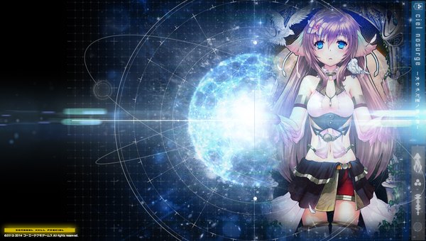 Anime picture 1920x1088 with surge concerto: ciel nosurge ar nosurge gust (company) ionasal kkll preciel casty rianoit ntny single long hair looking at viewer blush highres breasts blue eyes brown hair wide image inscription wallpaper dark background girl thighhighs