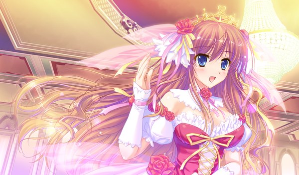 Anime picture 1024x600 with hime-sama gentei! kousaka serina long hair open mouth blue eyes wide image game cg multicolored hair orange hair girl dress hair ornament flower (flowers) tiara