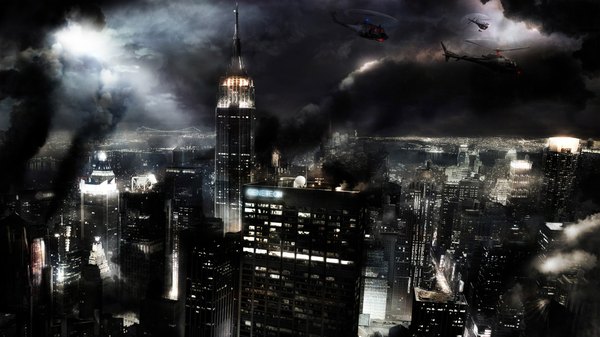 Anime picture 1920x1080 with original tagme (artist) highres wide image cloud (clouds) sunlight night city smoke cityscape fantasy city lights helicopter new york