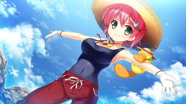 Anime picture 1024x576 with natsukumo yururu looking at viewer short hair wide image green eyes pink hair game cg sky cloud (clouds) spread arms girl gloves hair ornament bow