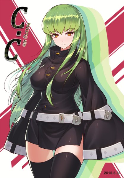 Anime picture 900x1287 with code geass sunrise (studio) c.c. huang xie single long hair tall image looking at viewer fringe yellow eyes long sleeves green hair inscription wide sleeves character names dated girl thighhighs black thighhighs