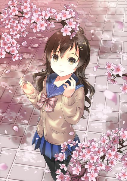 Anime picture 703x1000 with original unya (unya-unya) single long hair tall image looking at viewer black hair brown eyes cherry blossoms girl uniform plant (plants) school uniform petals tree (trees) sweater
