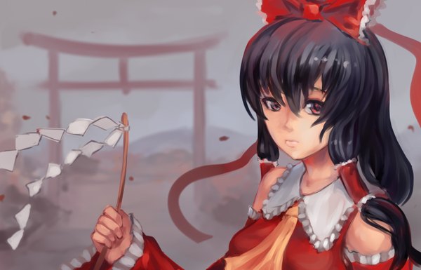 Anime picture 1400x900 with touhou hakurei reimu single long hair looking at viewer black hair red eyes girl bow hair bow detached sleeves petals gohei