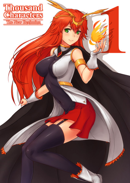 Anime picture 744x1049 with original thousand characters project (hananon) mai (thousand characters project) hananon single long hair tall image looking at viewer blush fringe breasts simple background smile white background green eyes red hair inscription girl thighhighs black thighhighs