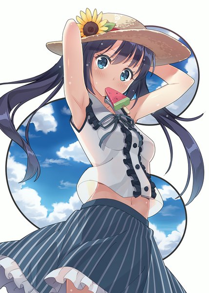 Anime picture 800x1119 with original hyuuga azuri single long hair tall image looking at viewer blush blue eyes black hair twintails holding sky mouth hold girl skirt flower (flowers) hat food sweets vest