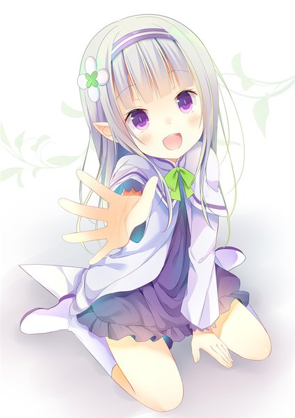 Anime picture 700x990 with re:zero kara hajimeru isekai seikatsu white fox emilia (re:zero) shiiba nae single long hair tall image looking at viewer blush open mouth sitting purple eyes silver hair full body from above pointy ears wariza outstretched hand alternate age younger