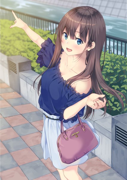 Anime picture 2893x4092 with original unasaka ryou single long hair tall image looking at viewer blush fringe highres open mouth blue eyes brown hair standing outdoors :d scan off shoulder pointing river girl