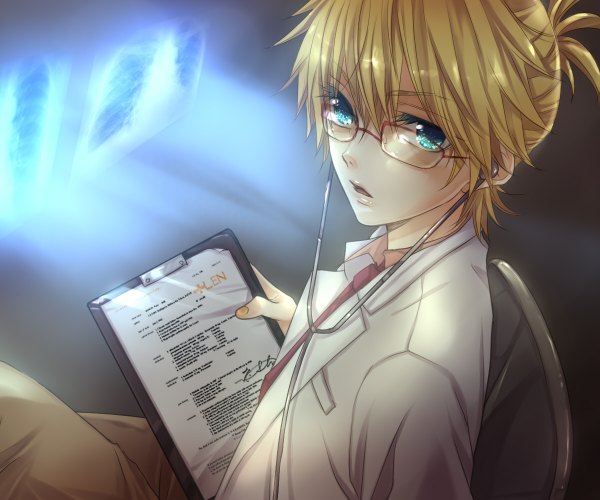 Anime picture 1200x1000 with vocaloid kagamine len hakuseki blue eyes blonde hair doctor boy glasses phonendoscope