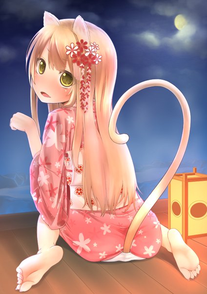 Anime picture 707x1000 with ayakashi hyakkiyakou original mashimaru (muziklava) single long hair tall image looking at viewer blush fringe open mouth light erotic blonde hair sitting animal ears yellow eyes cloud (clouds) full body tail traditional clothes japanese clothes