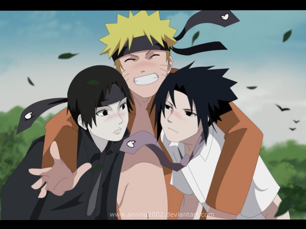 Anime picture 2048x1536 with naruto studio pierrot naruto (series) uzumaki naruto uchiha sasuke sai annria2002 highres short hair black hair blonde hair smile eyes closed open clothes open shirt hug facial mark group whisker markings jinchuriki