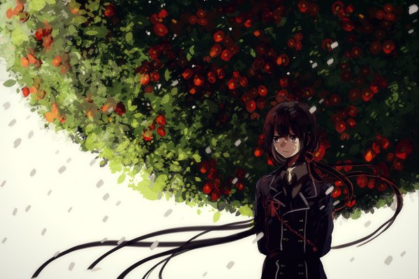 Anime picture 2283x1524 with touken ranbu nitroplus namazuo toushirou kyanarinu single fringe highres black hair standing purple eyes looking away very long hair wind open collar boy flower (flowers) plant (plants) shirt petals necktie