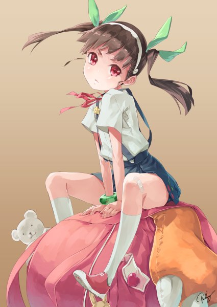 Anime picture 850x1200 with bakemonogatari shaft (studio) monogatari (series) hachikuji mayoi re lucy single long hair tall image looking at viewer black hair red eyes twintails loli girl dress socks hairband white socks backpack