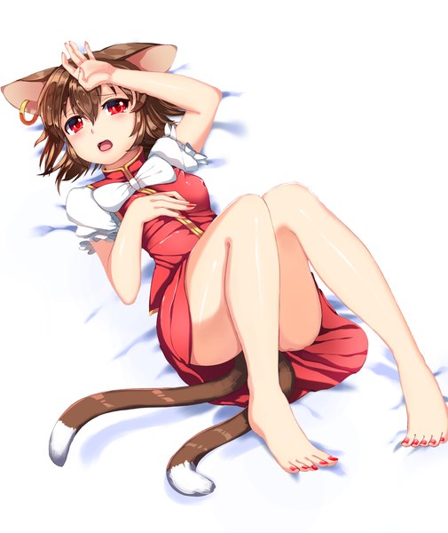Anime picture 1600x1900 with touhou chen papo single tall image looking at viewer blush short hair open mouth light erotic red eyes brown hair animal ears tail lying nail polish animal tail censored cat ears short sleeves