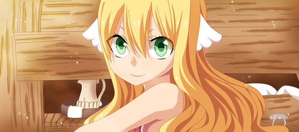 Anime picture 5400x2400 with fairy tail mavis vermillion khalilxpirates single long hair highres blonde hair smile wide image green eyes absurdres loli coloring head wings girl wings
