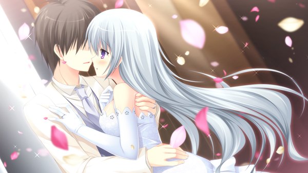 Anime picture 2560x1440 with love la bride sasha (lovera bride) takano yuki (allegro mistic) long hair blush highres short hair black hair wide image purple eyes game cg white hair girl dress boy gloves petals elbow gloves wedding dress