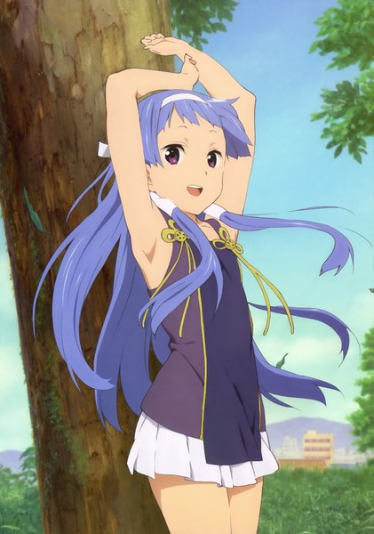 Anime picture 2457x3500 with kannagi nagi (kannagi) single long hair tall image highres open mouth purple eyes blue hair armpit (armpits) girl plant (plants) tree (trees) hairband
