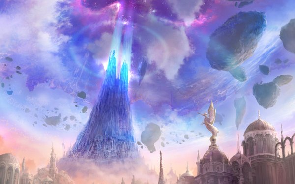 Anime picture 3000x1875 with aion highres wide image absurdres sky cloud (clouds) city magic mountain floating island statue island