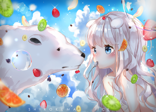 Anime picture 1840x1329 with original jimmy madomagi single long hair blush fringe highres blue eyes light erotic holding animal ears looking away sky cloud (clouds) upper body white hair sunlight sparkle text mouth hold
