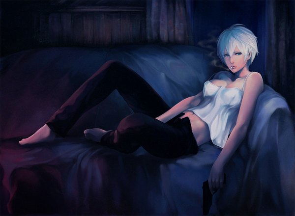 Anime picture 1920x1408 with fate (series) fate/zero type-moon natalia kaminski itori (pixiv) single fringe highres short hair blue eyes bare shoulders cleavage silver hair full body white hair barefoot realistic night spread legs smoke