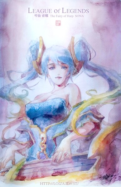 Anime picture 2000x3090 with league of legends sona buvelle loiza single long hair tall image looking at viewer fringe highres breasts large breasts twintails purple eyes bare shoulders cleavage multicolored hair light smile lips two-tone hair character names