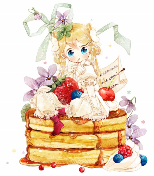 Anime picture 1075x1221 with original machiba riku (artist) single tall image blonde hair white background sitting twintails full body aqua eyes girl dress hair ornament flower (flowers) food sweets bobby pin berry (berries) knife cake